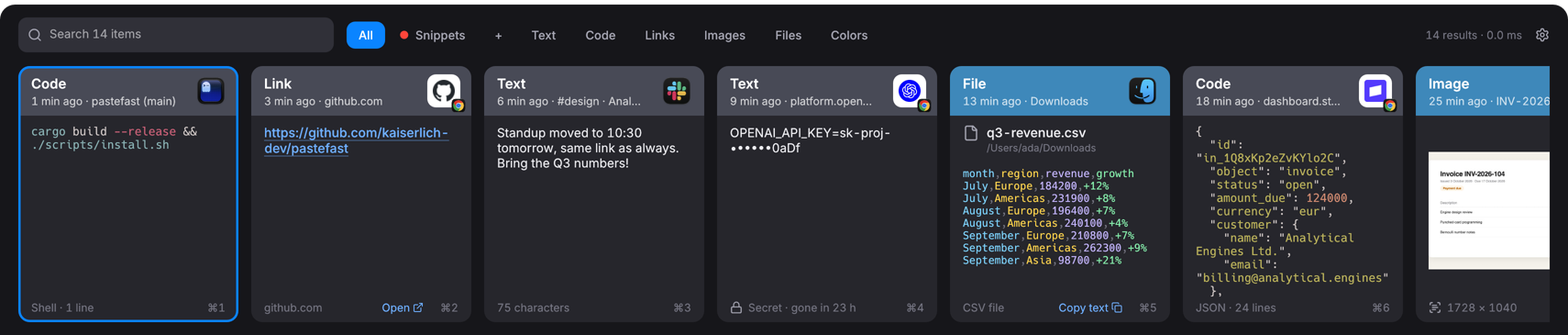 The Pastefast shelf: cards for code, a link, text, a CSV file, JSON and an image
